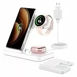 GEEKERA Induktive Ladestation für Samsung, 3 in 1 Faltbare Wireless Charger für Samsung S25/S24/S23/S22/S21, Induktionsladegerät für Galaxy Watch 8/7/6/5/4/3, Kabelloses Ladegerät für Galaxy Buds-Weiß