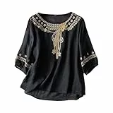 Yowablo Kleidung Bohemian Folklore Stickerei Bluse Tunika Sommer Oberteil Farbe Schwarz gr M