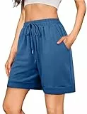 Jezonga Kurze Hose Damen Sport Shorts Sporthose Damen Kurz mit Taschen Elastischer Bund Sommer Jogginghose Fitness Running Gym Kurze Hose Gym Blau XL