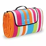 Relaxdays Picknickdecke XXL, 200x200 cm, Fleece Stranddecke, wärmeisoliert, wasserdicht, mit Tragegriff, bunt gestreift