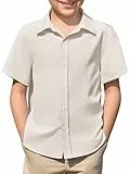 Haloumoning Jungen Hemd Sommer Kurzarm Shirt Kinder Einfarbig Freizeit Hemden Casual Basic Knopfleiste Oberteile Bügelleicht 5-14 Jahre, Beige, 13-14 Jahre