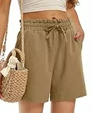 Libin Kurze Hose Damen Leinen Imitiert Shorts Sommer Strandshorts High Waist Kordelzug Freizeit Shorts mit Taschen Hellbraun S