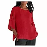 KOG Damen Tshirts Vintage Baumwolle Leinen Bekleidung Casual Kurzarm Oberteile Blusen Fashion Leinenhemd Longshirt Sale Teenager Rundhals Lose Kleidung Blitzangebote des Tages Rot XL