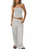 Tankaneo Gestreiftes 2-teiliges Damen-Set, Sommer, trägerlos, bauchfrei, Röhren-Top, weites Bein, Hose, passendes Lounge-Set, Urlaubs-Outfits, Schwarz, M