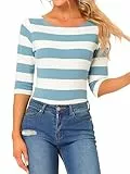 Allegra K Damen Gestreiftes Shirt U Boot Ausschnitt Halbarm Party Ferien Streifen Top Bluse Grau Blau Weiß M