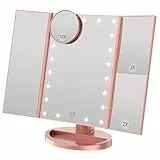 WEILY Schminkspiegel mit Beleuchtung, Faltbarer Kosmetikspiegel mit 3X/2X/1X Vergrößerung, 21 natürliche LED Lichter, Batteriebetrieben Order USB Aufladen dimmbarer Makeup Mirror (Rosengold)
