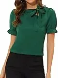 Allegra K Damen Sommer Elegant Bluse 50er Jahre Schleife Schluppenbluse Festlich Oberteil Kurzarm Panel Fliege Hals Rüschen Shirt Dunkelgrüns L