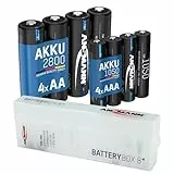 Ansmann 4X Akku AA Typ 2800mAh (min. 2650mAh) + 4X AAA Akku 1050mAh + Akkubox - NiMH 1,2V Batterien wiederaufladbar, hohe Kapazität für hohen Strombedarf 1300-0018-590 Silber