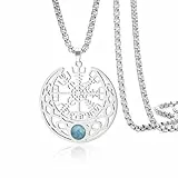 VASSAGO Nordische Wikingerhalskette aus Edelstahl Kompass Vegvisir-Anhänger Halbmond mit türkisem keltischem Knoten Talisman Amulett (Silber-Kasten Kette)