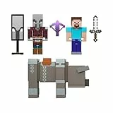 Mattel Minecraft Raubzug durchs Dorf Paket mit 3 Actionfiguren und 3 Zubehörteilen, ca. 8,3 cm großes Sammelfigur-Set, mit Steve, JJT18