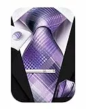 Hi-Tie Klassisches Herren-Krawatten-Set aus Seide, Einstecktuch, Manschettenknöpfe, Clip, solide Streifen, Paisley-Krawatte, 4-teilig, fliederfarben / violett, M