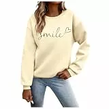 Sweatshirt Damen Pullover mit Buchstaben Druck, Rundhals Langarm Pulli Herbst Winter, Locker Casual Oberteil ohne Kapuze, Elegant Streetwear Langarmshirt für Damen,01 Beige,M