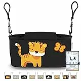 GRINSEZWERGE Kinderwagen Organizer 12 Motive mit Feuchttuchspender I Kinderwagen Tasche Schultergurt I Kinder Buggy Organizer I Kinderwagentasche Aufbewahrungstasche Baby Stroller Bag schwarz Tiger