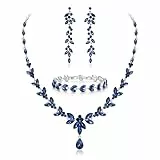 EVER FAITH Schmuckset Österreichisches Kristall Braut Schmuck-Set, elegante Marquise Strass Blatt Halskette mit baumelnde Ohrringe Tennis-Armband-Set blau Silber-Ton