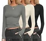 Ekouaer Langarmshirt Damen Multipack Slim Fit Thermo Unterhemd Oberteile Warm Layer Tee Thermounterwäsche, Grau + Beige + Schwarz, S
