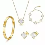 18K Vergoldet Vierblättriges Kleeblatt Armband,18K Vergoldet Vierblättriges Kleeblatt Anhänger Halskette, Gold Armband Cubic Zirkonia Armreif,4PCS Schmuck Set für Geschenke Geburtstags Valentinstag