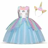 Timesun Kinder Einhorn Kostüm Kleid, Mädchen Einhorn Rock, Blumen Mädchen Ärmellos Partykleid, Geburtstagskleid Festkleid, Fasching Karneval Verkleidung mit Unicorn Outfit Set (Blau, 150)