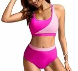 Kate Kasin Damen Bademode Hoher Taille Zweiteiliger Badeanzug High Cut Badeanzug Abnehmbares Brustpolster Bikini Rosa XL