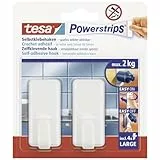 tesa Powerstrips Haken Large CLASSIC, Selbstklebender Wandhaken für Glas, Kacheln, Holz, Kunststoff und andere Untergründe, Weiß