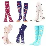 WeciBor Damen Lustige Bunte Kniestrümpfe Socken, 6 Paar Blumen-Eichhörnchen-Muster, Größe 39-42