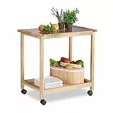 Relaxdays Küchenwagen auf Rollen, Holz Servierwagen mit Glasplatte, 2 Etagen Rollwagen, HxBxT: 62 x 66 x 38 cm, natur, Braun
