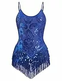 FYMNSI Damen Pailletten Latein Tanz Body Rave Outfit Ballettbody �rmellos Glitzer Gymnastikbody Quaste Bodysuit Damenbody Stringbody Trikot Leotard Overalls Turnanzug Ballettanzug K�nigsblau L