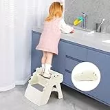 Tritthocker Kinder, Hocker Kinder Klappbar Tritthocker 2 Stufen, Rutschfester Hocker Kinder Bad Anti-Kipp Trittschemel für Baby Kinderhocker für Badezimmer und Küche (Cremefarben)