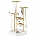 SONGMICS Schmuckständer, Schmuckhalter, 4 getrennte Bereiche, Ohrringhalter aus Metall, Schmuckaufbewahrung für Halsketten Armbänder Ohrringe, Geschenkidee, goldfarben-weiß JJS003A01