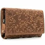 ekavale Stilvolle Damen Geldbörse aus Leder mit Blumenprägung und RFID-Blockierung, langes Design mit Druckknopf (Braun)