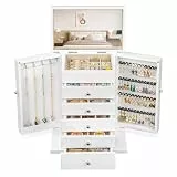 Emfogoo Schmuckkästchen, 6 Ebenen Schmuckaufbewahrung für Damen, Rustikales Holz Groß Schmuckkasten Organizers mit Spiegel, Schmuckbox für Ringe, Ohrringe, Armbänder, Halsketten (Weiß)