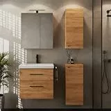 Planetmöbel Badmöbel Set Waschtisch mit Unterschrank 63 x 60 x 36,5 cm, Spiegelschrank 60 cm mit LED-Leuchte (schwarz matt) & Steckdose, inkl. 2X Midischrank, Moderne Badezimmer Möbel, Gold Eiche