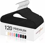 HOUSE DAY Schwarzer Kleiderbügel 120 Stück, Samt Kleiderbügel Rutschfester Filz Bügel -Platzsparende, Premium Schwarzer Anzugbügel, 360° Drehbarer Haken