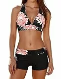 Durio Bikini Damen Bikini Set Zweiteiliger Badeanzug Bikini mit Hotpants Träger Oberteil Bikinihose Schwarz mit Rosa Blumen 36