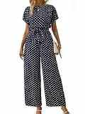 Canli4Y Jumpsuit Damen Kurzarm Punkte Overall Weites Bein Playsuit mit Bindegurt, Elegant Hosenanzug für Festlich, Party, Strand, Urlaub, Alltag Blau XXL