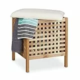 Relaxdays Badhocker Walnuss mit Wäschesammler HBT: 52 x 49 x 49 cm Badhocker mit Sitzkissen aus Leinen und Wäschekorb 52 Liter Sitzhocker mit Stauraum aus Massiv Walnuss Holz, natur weiß