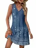 Tanmolo Leichtes Damen Kleid aus Jacquard-Stoff – Ärmellos, locker geschnittenes A-Linien-Sommerkleid Rundsaum Alltag, Urlaub, Strand Freizeit, luftig bequem L Blau mit Blumenmuster