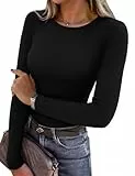 Aottori Basic Damen Langarmshirt Rundhalsausschnitt Oberteil Stretch RIPP Shirt Langarm Elegant Casual Top für Büro Freizeit Herbst Schwarz XL
