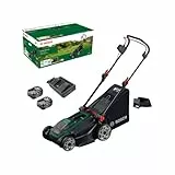 Bosch Akku-Rasenmäher ROTAK18V2-43 (Schnittbreite: 43 cm, Schnitthöhe: 30-75 mm, 50 l Stoff-Grasfangkorb, Mulchstopfen, inkl. 2 x 18V Akku und Ladegerät)
