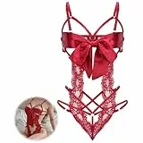 Telooco Dessous-Sets für Damen: Sexy Unterwäsche Frauen Set Spitzen Bodysuit Schleifenausschnitt Design Sexy Einteiler Unterwäsche Set für Frauen Karneval Outfit (Rot)