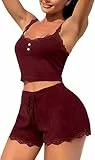 RSLOVE Damen Nachtwäsche aus Spitze Sexy Pyjama Set 2 teilige Oberteile und Shorts Weinrot S