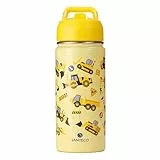 SANTECO Trinkflasche Kinder Edelstahl 500ml mit Strohhalm, Kinder Thermosflasche BPA-frei Wasserflasche Einfach zu Säubern, Thermoskanne Jungen Mädchen für Kindergarten Schule - Traktor