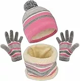 Maylisacc Mütze Schal Handschuh Stricken Set Mädchen 3-6 Jahre, Wintermütze Loop Schal und Winterhandschuhe Kinder Kleinkind Pink