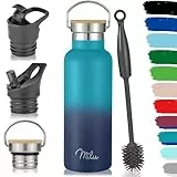 Milu Edelstahl Trinkflasche 500ml, 750ml, 1000ml (+3 Deckel) - Thermosflasche mit Strohhalm, Isolierte Wasserflasche, Auslaufsichere Isolierflasche doppelwandig, Kohlensäure geeignet (Grün Blau, 0,5L)