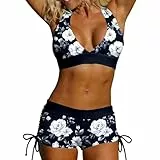 Guhmomh Bikini Damen Set Zweiteiler Badeanzug Bauchweg Neckholder Bademode Bikinis mit Cups Push Up Swimsuit mit Shorts High Waist Bikini-Sets Sexy Badeanzüge Druck Strand Strandmode Marine L