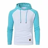 YuKaiChen Herren-Kapuzenpullover, langärmelig, Patchwork, kariert, Jacquard, Kordelzug, lässiger Kapuzenpullover mit Taschen, Weiß/Himmelblau, M