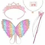 AUYAO Feenflügel Kostüm Kinder 5 Pcs Schmetterlings Flügel Mädchen Rosa Prinzessinflügel Elfen Fee Anzieh Set mit Prinzessinnenkrone Halskette Zepter Aufkleber Kindershow Karneval Geburtstag Fasching