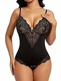 SHAPERIN Formbody Damen mit BH Bauchweg Miederbody Tanga V-Ausschnitt Bodysuit Spitze mit Verstellbarer Schultergurt, Schwarz, M