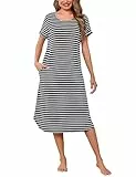 Litherday Nachthemd Damen Lang Nachtwäsche Kurzarm Streifen Schlafshirt aus 95% Baumwolle Loungewear Nachtkleid Sleepshirt, Dunkelgrau+weiß, XL