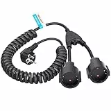 Verlängerungskabel Spiralkabel, Schutzkontakt Spiralkabel Dehnbar von 3M Max, Verlängerungsleitung mit 2 Fach Steckdosen, Verlängerungskabel 2 in 1 für Garten, Baustelle, Werkstatt, 16A/250V, Schwarz