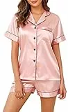 Vlazom Damen Satin Schlafanzug Kurzarm Satin Pyjama Set mit Knopfleiste Zweiteiliger Hausanzug（S,Rosa）